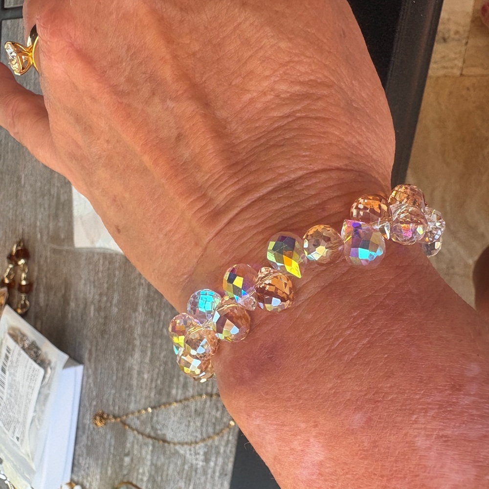 New, Iridescent Crystal Beaded Adjustable gold tone Bracelet